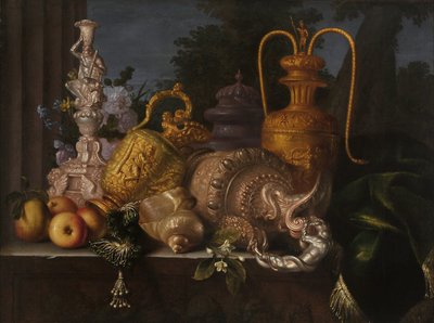 Martwa natura, muszle i złotnik. Obraz Meiffrena Conte (1630-1705). Olej na płótnie. Wymiary: 91x121cm. Wzmianka obowiązkowa: Collection fondation faith de Provence, Marseille autorstwa Meiffren (c.1630 1705) Conte