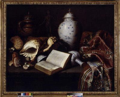 Chińskie wazony, muszle, antyczne brązy, książki i dywany (olej na płótnie) autorstwa Meiffren (c.1630 1705) Conte