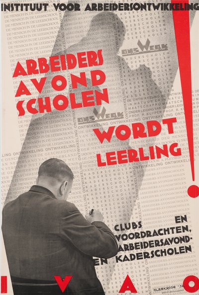 Plakat dla Instytutu Rozwoju Pracy (IVAO) reklamujący pracowniczą szkołę wieczorową autorstwa Meijer Bleekrode