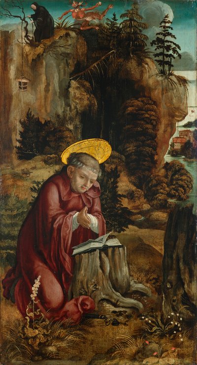 św. Benedykt przed jaskinią w Subiaco autorstwa Meister des Innerochsenbacher Annenaltars