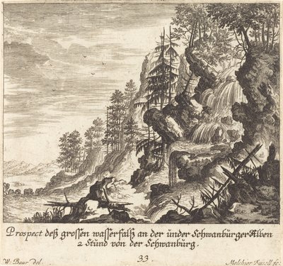 Duży wodospad, Schwanburg autorstwa Melchior Küsel after Johann Wilhelm Baur