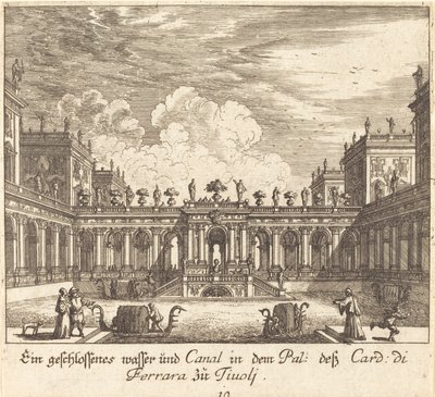 Pałac i kanał, kardynał Ferrary, Tivoli autorstwa Melchior Küsel after Johann Wilhelm Baur