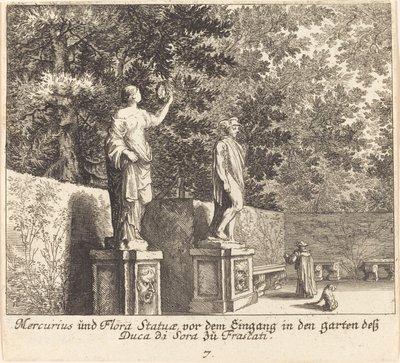 Posągi Merkurego i Flory, Ogrody Dukedi Sora, Frascati autorstwa Melchior Küsel after Johann Wilhelm Baur