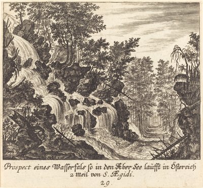 Widok na wodospad, Austria autorstwa Melchior Küsel after Johann Wilhelm Baur