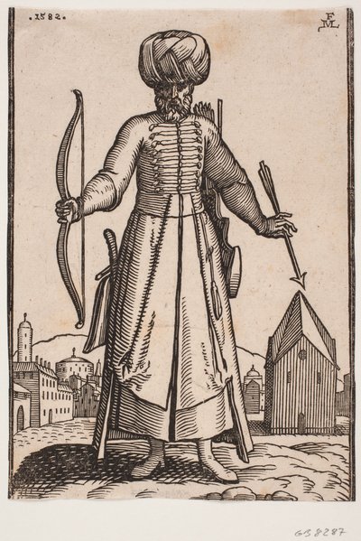 Widok z przodu, żołnierz w turbanie z wyciągniętymi ramionami, stojący na otwartym placu w mieście; w prawej ręce dzierży łuk, w v. strzałę; za l. ramieniem kołczan, po stronie h. szabla autorstwa Melchior Lorck