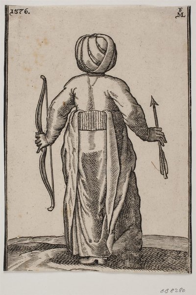 Łucznik stojący, widok z tyłu; v. ręka łuk, h. ręka strzała autorstwa Melchior Lorck