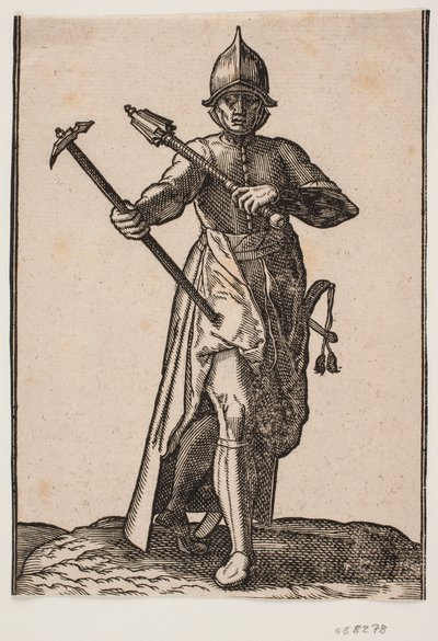 Stojący żołnierz w hełmie, widok z przodu; w prawej ręce młot bojowy, w v. maczuga bojowa, tylna noga i stopa zniekształcona w stosunku do przodu; z boku miecz autorstwa Melchior Lorck