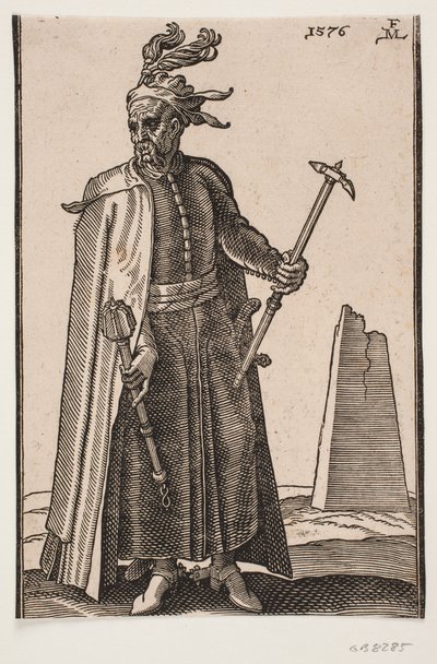 Stojący, zamaskowany żołnierz, widok z przodu; h. ręka skierowana w dół maczuga bojowa, v. młot bojowy; na piętach ostrogi autorstwa Melchior Lorck