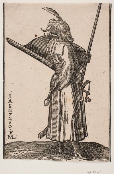 Żołnierz stojący (akinci), profil do r.; w r. maczuga, w. r. w ręce lanca, której wierzchołek znajduje się poza górną linią obramowania; z prawej strony tarcza z wnętrzem zwróconym do góry, z prawej strony miecz autorstwa Melchior Lorck