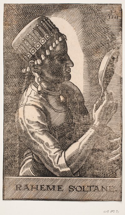 Portret sułtana, w lustrze, profil do p.: RAHEME SOLTANE. autorstwa Melchior Lorck