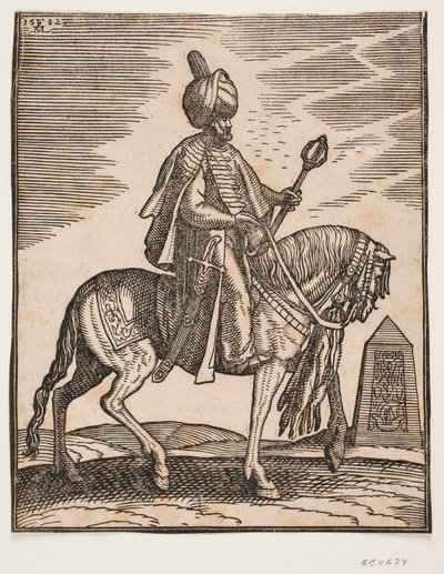 Odziany w turban jeździec z mieczem po prawej stronie i maczugą bojową w lewej ręce, profil w prawo; w tle obelisk autorstwa Melchior Lorck