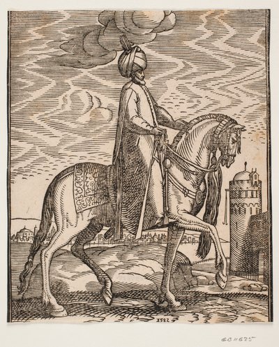 Jeździec w turbanie, z maczugą wiszącą po prawej stronie konia; profil w prawo; po prawej stronie obrazu mur z bramą i okrągłą wieżą autorstwa Melchior Lorck