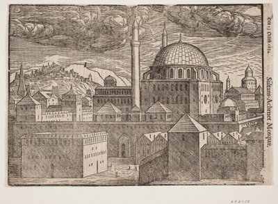 Niezidentyfikowany meczet z 2 minaretami, widok z południowego wschodu; telewizja. góra z ufortyfikowanym miastem autorstwa Melchior Lorck