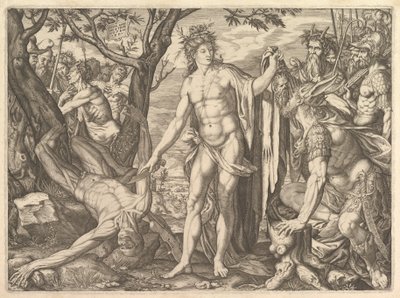 Apollo i Marsjasz i Sąd Midasa: po prawej Midas z uszami osła resti..., 1581. autorstwa Melchior Meier