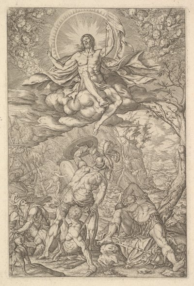 Zmartwychwstanie Chrystusa, otoczone aureolą i chmurami z rzędami uskrzydlonych puttów do..., 1577. autorstwa Melchior Meier