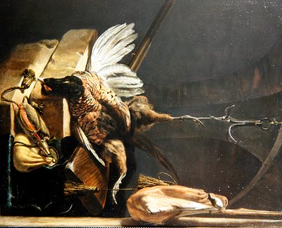 Martwa natura martwego bażanta wiszącego na haku autorstwa Melchior de Hondecoeter