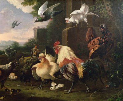 Kogucik i inne ptactwo w krajobrazie autorstwa Melchior de Hondecoeter