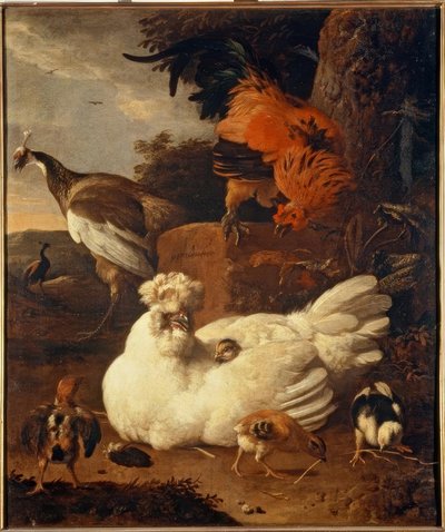 M. de Hondecoeter, matka kura z pisklętami autorstwa Melchior de Hondecoeter