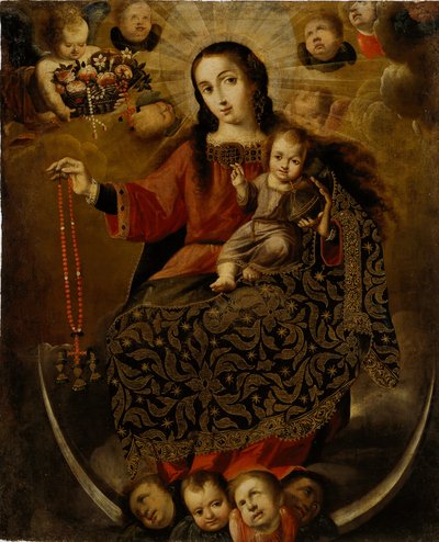 Madonna Różańcowa, koniec XVII-pocz. XVIII w. (złoty liść z olejem na płótnie) autorstwa Melchor Pérez de Holguín