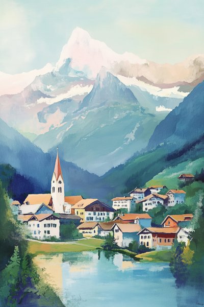 Alpine Village nad jeziorem autorstwa Melloi Art Prints