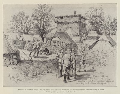 Indian Frontier Rising, kwatera główna w Bagh, chroniona przed ogniem wroga w obozie w nocy autorstwa Melton Prior