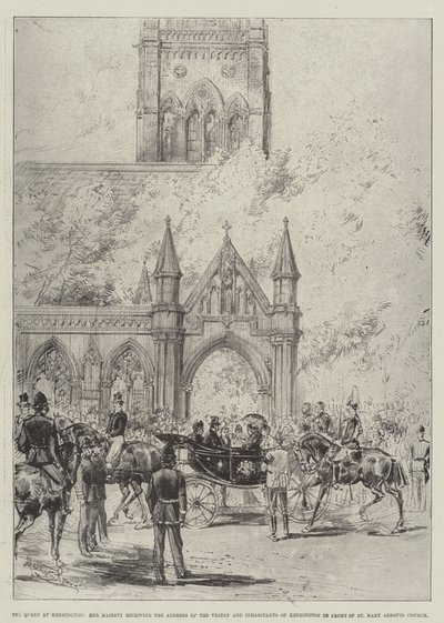 Królowa w Kensington, Jej Wysokość odbierająca adres zakrystii i mieszkańców Kensington przed kościołem St Mary Abbotts autorstwa Melton Prior