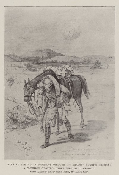 Zdobycie VC, porucznik Norwood (5th Dragoon Guards) ratujący rannego żołnierza pod ostrzałem w Ladysmith autorstwa Melton Prior