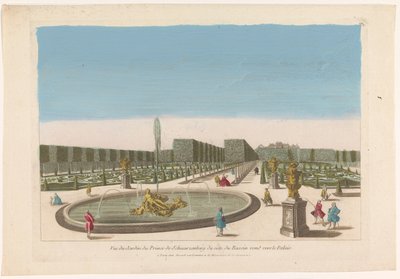 Widok fontanny z ogrodu Palais Schwarzenberg w pobliżu Wiednia Vue du jardin du prince de Schwarzenberg du Côte du bassin wokół vers le palais (tytuł na obiekcie) autorstwa Mesard