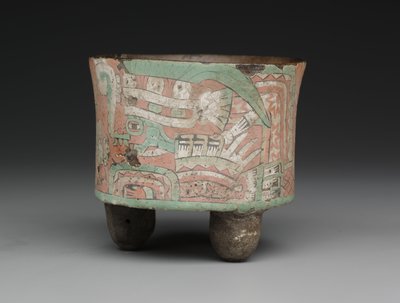Cylindryczny statek trójnożny z dwiema figurami w goglach, c.A.D. 400?650 (ceramika, sztukaterie i farba) autorstwa Mesoamerican Mesoamerican