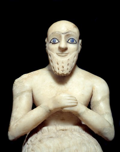 Sztuka Mezopotamii: Statua Intendenta Ebiha-ila. Rzeźba albastra, muszli, lapis-lazuli i łupka, ok. 2500 pne (okres sumeryjski, ok. 2900-2200 pne). Od Mari. Wysokość: 0,525m. Paryż, Luwr autorstwa Mesopotamian