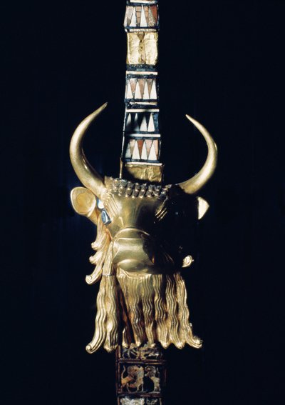 Głowa byka, dekoracja z harfy, 2800-2300 pne (złocone drewno) (patrz 198659) autorstwa Mesopotamian