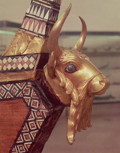 Głowa byka, dekoracja z harfy, 2800-2300 pne (złocone drewno) (zob. 199559) autorstwa Mesopotamian