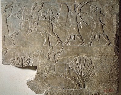 Mezopotamia: Jeźdźcy armii asyryjskiej. Płaskorzeźba w alabastrze z pałacu króla Asurbanipala (lub Asurbanipala) (668-627 pne). Z Niniwy. Paryż, Luwr autorstwa Mesopotamian