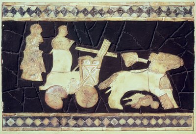 Rydwan wojenny ciągnięty przez dwa konie, 2800-2300 pne (kość słoniowa, masa perłowa i mozaika) autorstwa Mesopotamian