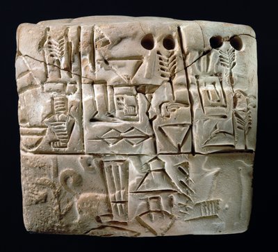 Wczesna tabliczka piktograficzna pismem klinowym, Mezopotamia, Uruk, ok. 3100-2900 p.n.e. (glina) autorstwa Mesopotamian Mesopotamian