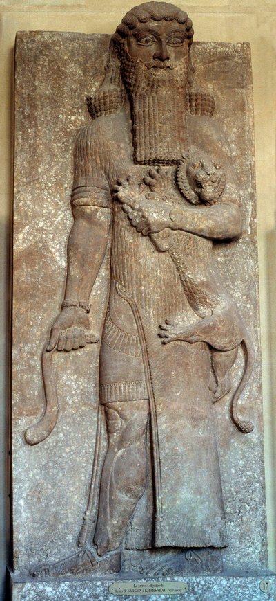 Mezopotamia: „”Posąg Sargona opanowującego lwa””” powiedział „”Gilgamesz””Dwór Khorsabad (Khunsabad) VIII wiek. Paryż, Luwr autorstwa Mesopotamian Mesopotamian