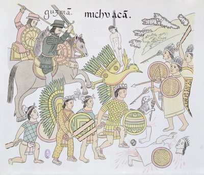 Bitwa pod Michoacan między Hiszpanami a Aztekami, ilustracja z faksymile historii Indian meksykańskich Lienzo de Tlaxcala z ok. 1550, 1892 autorstwa Mexican School