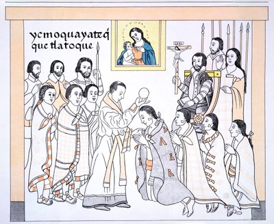 Kacyki przyjmujące komunię od księdza w domu Hernando Cortesa (1485-1547), ilustracja z faksymile historii obrazów Indian meksykańskich Lienzo de Tlaxcala z ok. 1550, 1892 (kolor autorstwa Mexican School