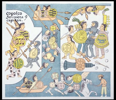 Ostateczna bitwa pomiędzy Hernando Cortesem (1485-1547) i Cuauhtemoc pod Tenochtitlan, sierpień 1521, ilustracja z faksymile historii obrazów Indian meksykańskich Lienzo de Tlaxcala z ok. 1550, 1892 (kolor autorstwa Mexican School