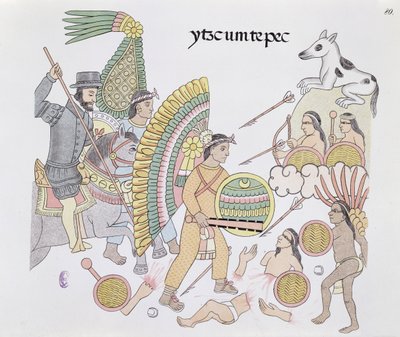 Hernando Cortes (1485-1547), oblężony w Tenochtitlan, postanawia opuścić miasto, ilustracja z faksymile historii Indian meksykańskich Lienzo de Tlaxcala z ok. 1550, 1892 (kolor litho autorstwa Mexican School