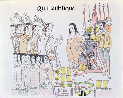 La Malinche (Dona Marina) w roli tłumacza podczas prezentacji kobiet i złota przez Montezumę (1466-1520) Hernando Cortesowi (1485-1547) ilustracja z faksymile pict meksykańskiego Indianina autorstwa Mexican School