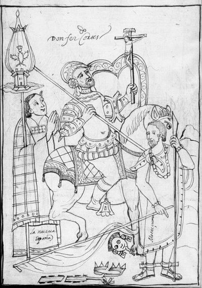 MS Hunter 242 f.246v, Cortes on Horseback, stojący nad pokonanym azteckim królem Montezumą, ilustracja z Historii de Tlaxcala autorstwa Diego Munoza Camargo autorstwa Mexican School