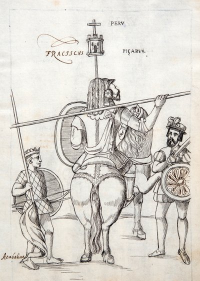 MS Hunter 242 f.248r Picarus, czyli Pizarro i koń bojowy, ilustracja z Historii de Tlaxcala autorstwa Diego Munoza Camargo autorstwa Mexican School