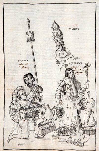 MS Hunter 242 f.248v Picarus (Pizarro) przedstawia Peru i Cortesius (Cortes) Nueva Espana, ilustracja z Historii de Tlaxcala autorstwa Diego Munoza Camargo autorstwa Mexican School