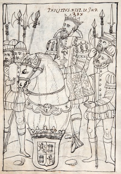 MS Hunter 242 f.249v Filip II siedzący na koniu, ubrany w order Złotego Runa, otoczony zbrojnymi, ilustracja z Historii de Tlaxcala autorstwa Diego Munoza Camargo (pióro i atrament autorstwa Mexican School