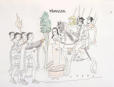 Spotkanie Hernando Cortesa (1485-1547) i Azteków, ilustracja z faksymile historii obrazów Indian meksykańskich Lienzo de Tlaxcala z ok. 1550, 1892 autorstwa Mexican School