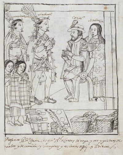 Montezuma spotyka Cortez Panią Hunter 242 f.255r Podbój Meksyku, z Historii de Tlaxcala autorstwa Diego Munoza Camargo autorstwa Mexican School