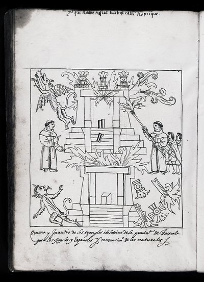 Ms Hunter 242 f.240v Franciszkanie palący świątynie, ilustracja z Historia de Tlaxcala autorstwa Diego Munoza Camargo autorstwa Mexican School