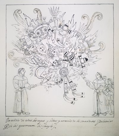 Ms Hunter 242 f.242r Bracia franciszkanie palący tradycyjne księgi i ubrania, z Historii de Tlaxcala autorstwa Diego Munoza Camargo autorstwa Mexican School