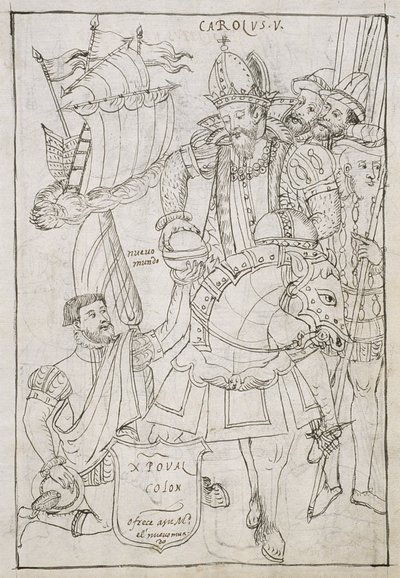 Pani Hunter 242 f.249r Krzysztof Kolumb (1451-1506) Symbolicznie ofiarowuje Nowy Świat Karolowi V (1500-08), z Historii de Tlaxcala autorstwa Diego Munoza Camargo autorstwa Mexican School